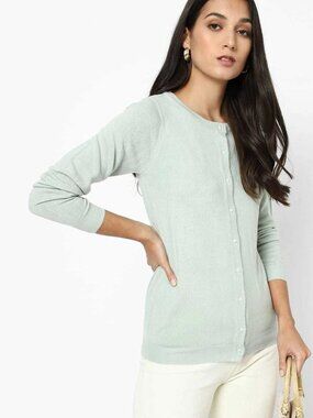 New Diamond Buttons Round Neck Green Cardigan Sweater 3/4 sleeve